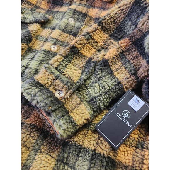 Volcom Silent Sherpa Faux Fur Bronze Plaid Jacket Shacket Size Women Large NWT - Picture 4 of 6